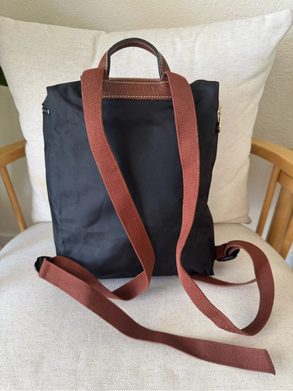 Longchamp Le Pliage Leather Flap Black With Brown Nylon Women’s Backpack